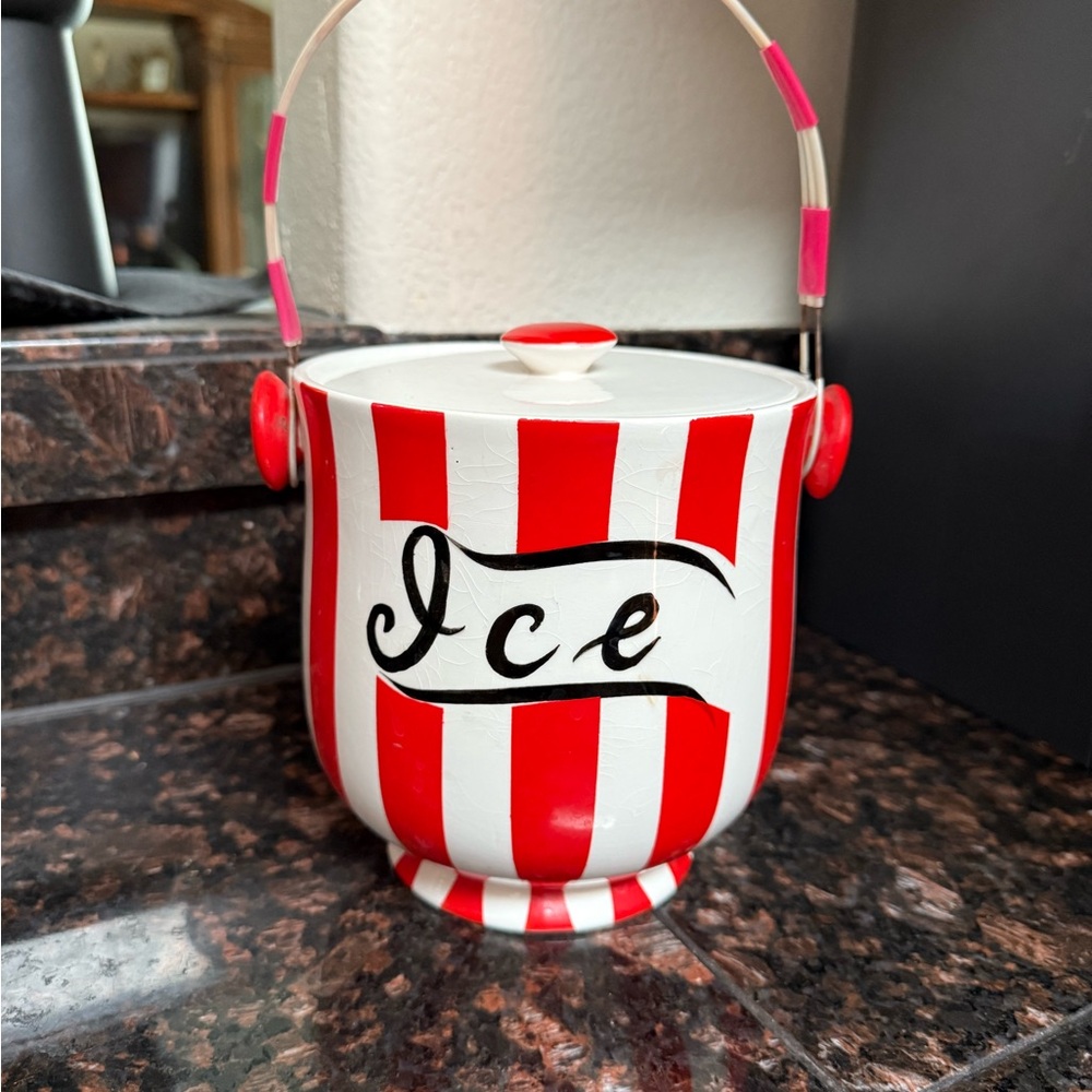 VINTAGE! Red and White Striped Ice Bucket